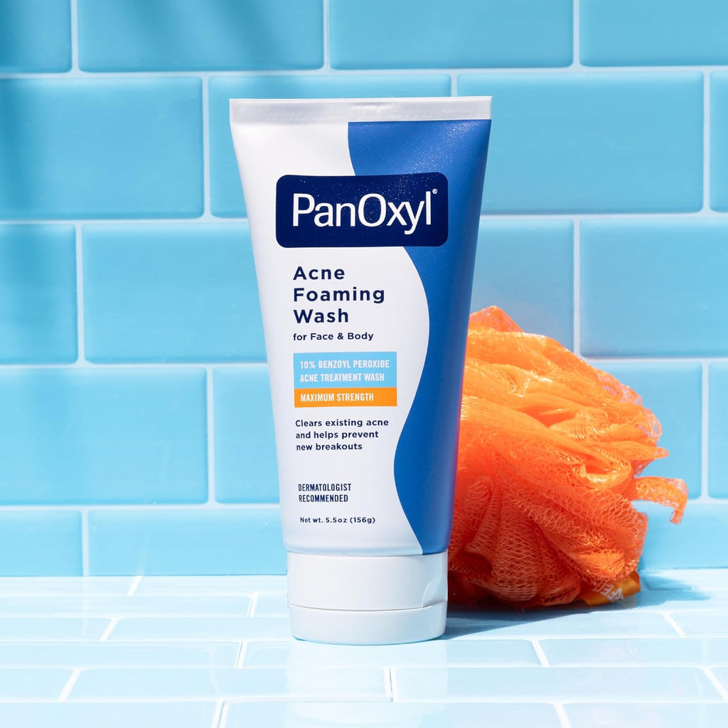 PanOxyl 10% Benzoyl Peroxide Acne Foaming Wash, Maximum Strength, Daily Acne-Fighting Face and Body Cleanser, Face Wash to Clear, Treat and Prevent Acne Pimples and Stubborn Breakouts, 5.5 Oz Tube