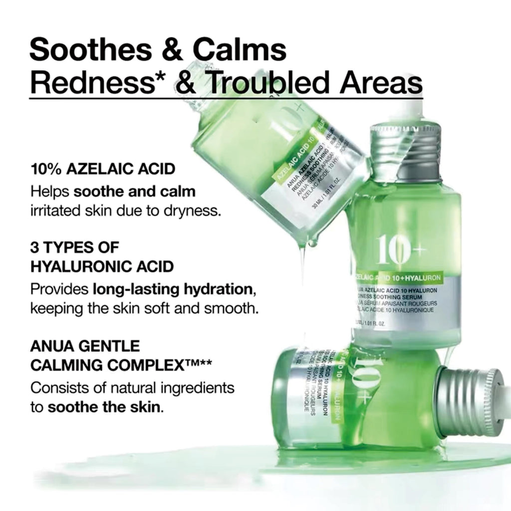 Anua Azelaic Acid 10 Hyaluron Redness Soothing Serum, 1.01 fl oz | Facial Serum for Blemish-Prone & Oily-Prone Skin, Lightweight & Hydrating Blemish Care, Hyaluronic Acid, Korean Skincare